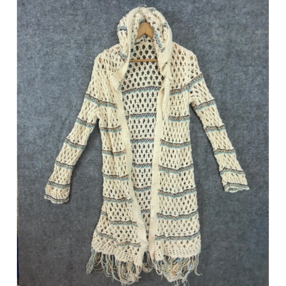 Free People Sunblock Cardigan Sweater Womens M Beige Fringe Duster Festival